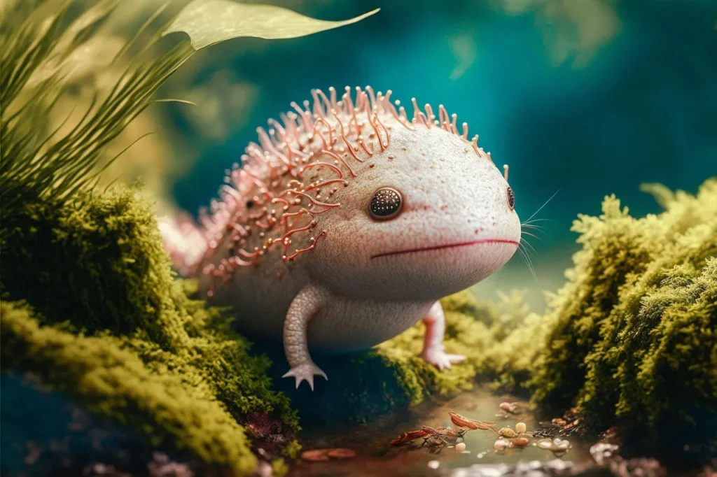 Axolotl swimming in water with green grass, illustrating their unique regenerative abilities, featured in unusual animal facts.