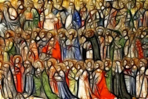 An artistic depiction of a large gathering of saints, with halos, in a variety of robes and colors, rendered in a textured, almost stained-glass style.