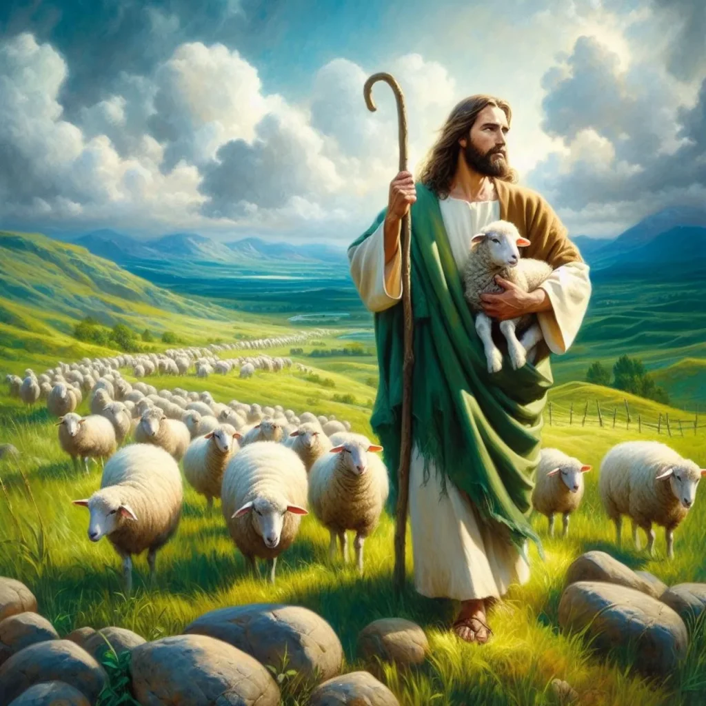 A vibrant painting depicting Jesus as the Good Shepherd, holding a lamb in his arms, with a flock of sheep following him across a lush green landscape under a cloudy blue sky.