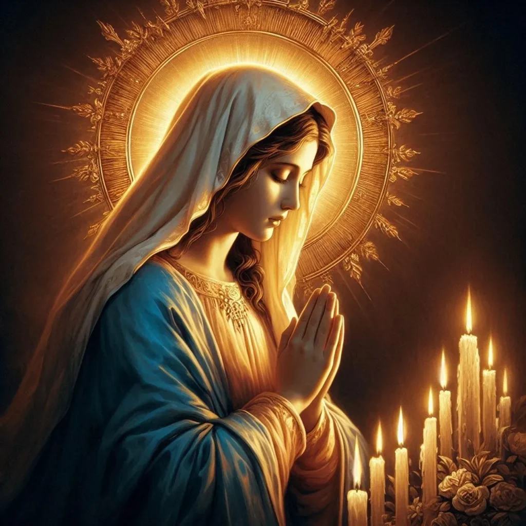A luminous artistic depiction of the Virgin Mary, draped in a white veil and blue garment, with a golden halo, hands clasped in prayer, illuminated by the soft glow of several candles.