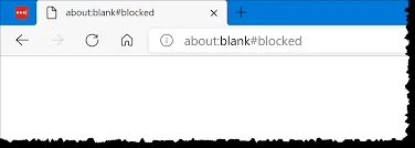 A browser window displaying "about:blank#blocked" in the address bar, indicating a blocked page or pop-up.
