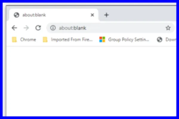 A close-up screenshot of a Google Chrome browser window showing "about:blank" in the address bar and a blank white page content.