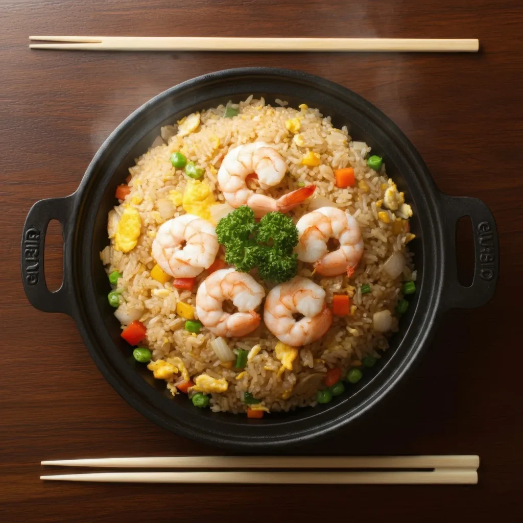 An overhead shot of a black cast-iron pot filled with steaming shrimp fried rice, garnished with parsley, alongside a pair of wooden chopsticks resting at the top and bottom of the pot on a dark wooden table.