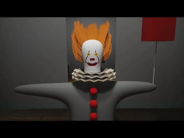 A 3D rendered, minimalist interpretation of Pennywise the clown, featuring a white, elongated head with sparse orange hair, small yellow eyes, a red nose, and a painted red smile. The body is a smooth, grey, T-shaped figure with three red buttons, and a red balloon is held on a stick to the right. The background is a plain grey wall with a dark floor, creating a stark and eerie atmosphere.