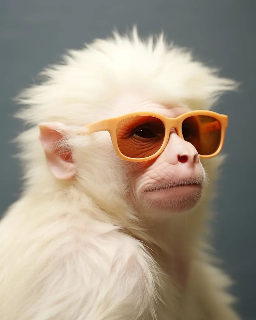 An albino monkey wearing orange sunglasses, looking off to the side.