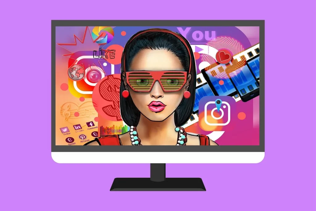 A vibrant digital illustration displayed on a computer monitor, featuring a stylized woman wearing futuristic shutter shades. The background is a collage of social media icons (Instagram, YouTube, Facebook, LinkedIn, Pinterest, Twitter), a film strip, a "Like" button, and other digital elements, symbolizing viral trends and online content.