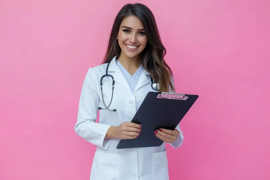 A cheerful, smiling female doctor wearing a white lab coat and stethoscope, holding a black clipboard against a solid pink background, symbolizing expert medical consultation and primary care.