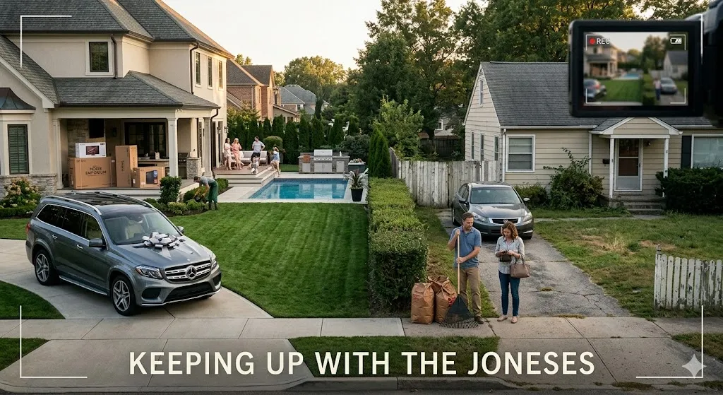 A split-perspective image illustrating "Keeping up with the Joneses." On the left, a wealthy suburban family enjoys a massive, modern luxury home with a pristine lawn, an inground swimming pool, brand-new appliances in delivery boxes, and a brand-new grey Mercedes SUV with a bow on top. On the right, a middle-class neighbor couple stands on a weathered driveway by a modest house, holding a rake and yard waste bags, looking downcast as they watch the scene. The entire image is framed like a video camera recording, with text at the bottom reading "KEEPING UP WITH THE JONESES."