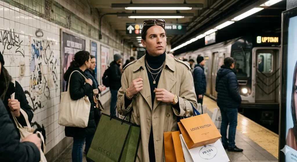 A well-dressed person standing on a gritty subway platform holding luxury shopping bags from Gucci, Louis Vuitton, and Prada, contrasting high-end fashion with an everyday transit setting.