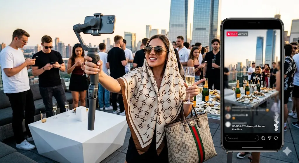 A woman holding a smartphone on a gimbal stabilizer films herself at a luxury rooftop party, representing performative wealth on social media. She wears a designer headscarf, sunglasses, and holds a glass of champagne next to a matching luxury tote bag. In the background, well-dressed guests mingle around food and drink stations against a city skyline at sunset. On the right side of the frame, a large graphic overlay displays a smartphone screen showing her active livestream broadcast with a high viewer count, likes, comments, and hashtags like "#luxury" and "#blessed".