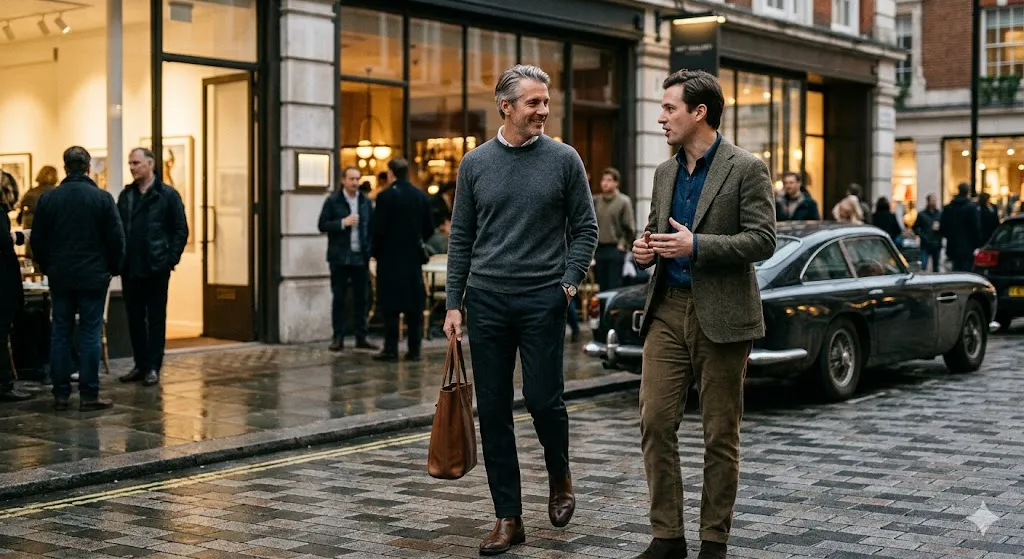 A photograph of two well-dressed men walking and conversing on a cobbled street, exemplifying the concept of 'stealth wealth.' One wears a simple, luxury grey sweater and carries a subtle leather tote, while the other is in a casual tweed blazer. Their body language is self-assured and natural, suggesting unpretentious confidence. In the background, a vintage luxury car and a discrete art gallery complete the setting.