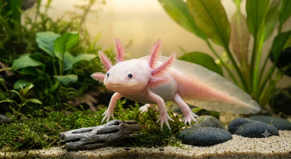 A high-resolution photograph of a leucistic axolotl (Ambystoma mexicanum) suspended in clear water within a heavily planted aquatic tank. The central focus is the Axolotl, which has translucent pinkish-white skin and prominent, feathery external gills fanned out and highlighted in soft pink. Its dark eyes and small, friendly expression are looking directly toward the viewer. The animal is swimming just above a naturalistic bottom covered in a mixture of fine aquatic sand and patches of dark, velvety green aquatic moss. Several smooth, dark grey river stones and a piece of weathered, grey driftwood are resting on the substrate. The background is a dense, lush underwater environment with various real, healthy aquatic plants, including Anubias, Java Moss, and broad leaves of Echinodoras, creating a natural texture and deep green bokeh. Natural sunlight from above filters through the water column, illuminating the delicate fin membranes and creating a warm, golden glow. The water is pristine, showing minor light refractions. Photographed close-up, sharp focus on the skin texture and the intricate gill structure.