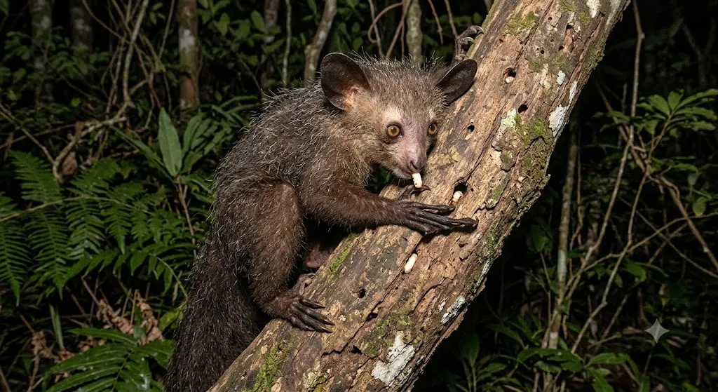 A close-up photograph taken at night of a wild Aye-aye (Daubentonia madagascariensis) in a Madagascar rainforest. The nocturnal primate, with dark textured fur, large orange eyes, and large ears, is clinging to a weathered tree trunk. It is using its specialized, extremely long, thin middle finger to probe deep into a borehole in the wood, extracting an insect larva (grub), which it is in the process of eating. The Aye-aye is gripping the trunk with its clawed hands and feet, illuminated against a dark background of dense, blurry ferns and foliage.