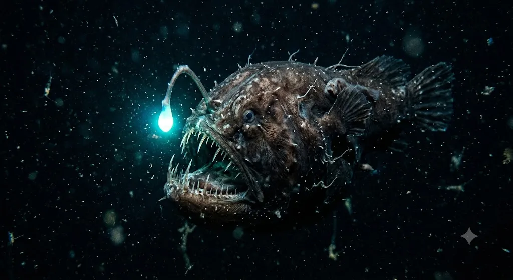 A close-up photograph capturing a large, dark, female humpback anglerfish swimming through the dark abyss of the deep ocean. The fish is heavily textured with mottled skin and covered in various sensory filaments. Its massive jaws are wide open, revealing dozens of sharp, needle-like teeth. From a flexible stalk on its head, a single, brilliant, glowing bioluminescent lure (esca) illuminates the murky water, which is thick with suspended particulate matter and marine snow. The background is an infinite, dark void of the deep-sea water column.