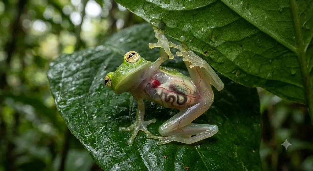 A high-resolution macro photograph of a translucent glass frog clinging to the underside of a large green leaf. The frog’s transparent belly skin provides a clear view of its internal organs, including its beating red heart, coiled digestive tract, liver, and fine blood vessels, suspended within its see-through body cavity. Its sticky yellow toe pads firmly grip the leaf surface in a humid rainforest environment.