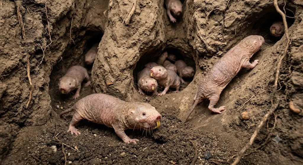 A detailed underground photograph capturing a colony of hairless, wrinkled naked mole rats within their natural earthen burrow system. Multiple pinkish rodents with prominent teeth are seen navigating a network of dark soil tunnels and chambers. The scene highlights the eusocial behavior and unique physical characteristics of these subterranean mammals in their intricate habitat.