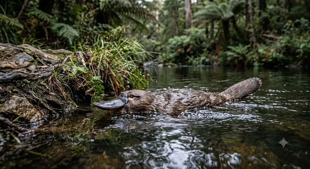 A realistic wildlife photograph of a wild Platypus (Ornithorhynchus anatinus) swimming at the surface of a clear, dark freshwater river in a lush Tasmanian temperate rainforest. The platypus, with its wet brown waterproof fur, prominent duck-like bill, beaver-like tail, and visible webbed feet, is paddling through gentle ripples along a rocky, moss-covered bank. The background is a dense, deeply layered, and softly blurred bokeh of ferns, tree ferns, eucalyptus trees, and native vegetation under soft, diffused natural evening light, capturing the animal's unique features and habitat.