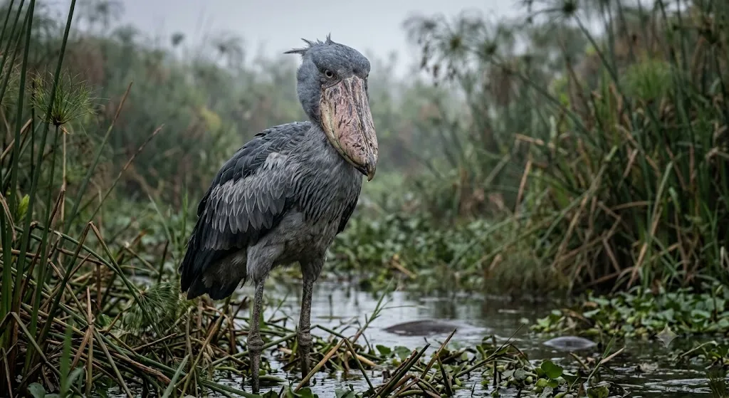 A medium shot of a shoebill stork standing perfectly still in a misty, dense African papyrus swamp, looking directly forward with its large, prehistoric-looking bill and distinct yellow-eyed gaze.