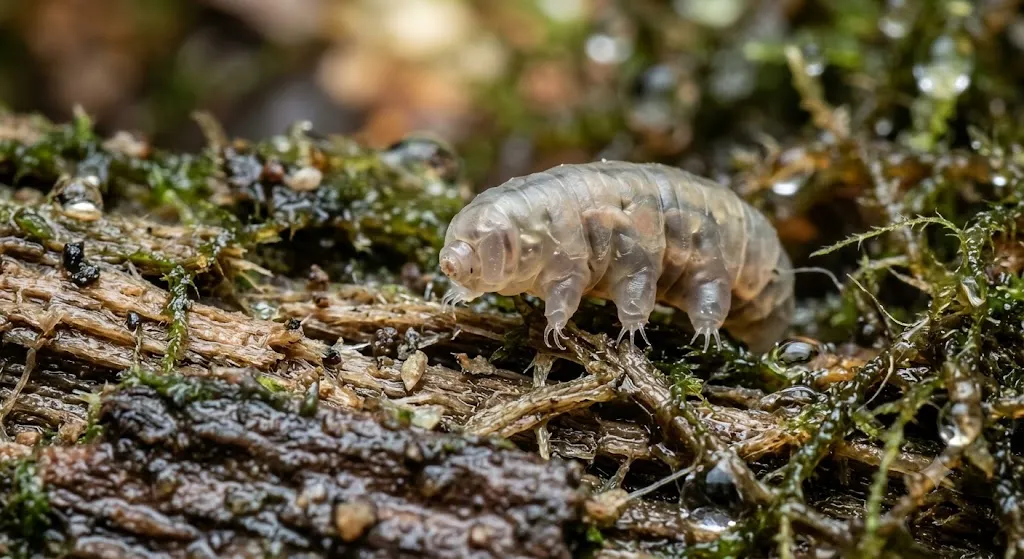 A detailed microscopic macro photograph of a translucent tardigrade, also known as a water bear, navigating a natural habitat of damp green moss and wet bark. The eight-legged micro-animal’s plump, segmented body, clawed feet, and circular mouth tube are sharply defined against tiny water droplets resting on the moss fibers.