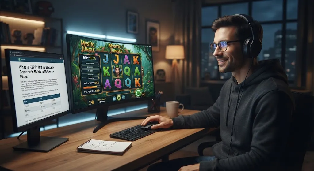 A focused man wearing glasses and headphones is smiling while playing a "Mystic Jungle" online slot game on a large curved monitor in a dimly lit home office. A secondary monitor on the left displays an article titled "What Is RTP in Online Slots? A Beginner's Guide to Return to Player" alongside a table of RTP values. The slot machine screen clearly shows "RTP: 96.3%" and "Volatility: High" metrics. A notepad with gambling notes is on the wooden desk.