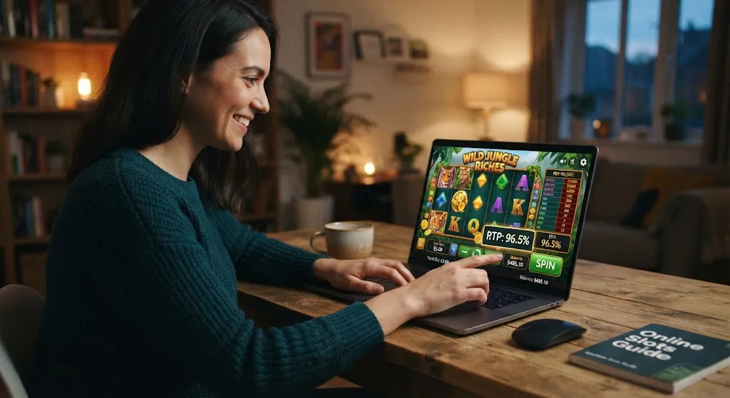 A woman sitting at a wooden desk at home, smiling while playing an online slot game on her laptop that clearly displays a 96.5% RTP indicator on the screen.