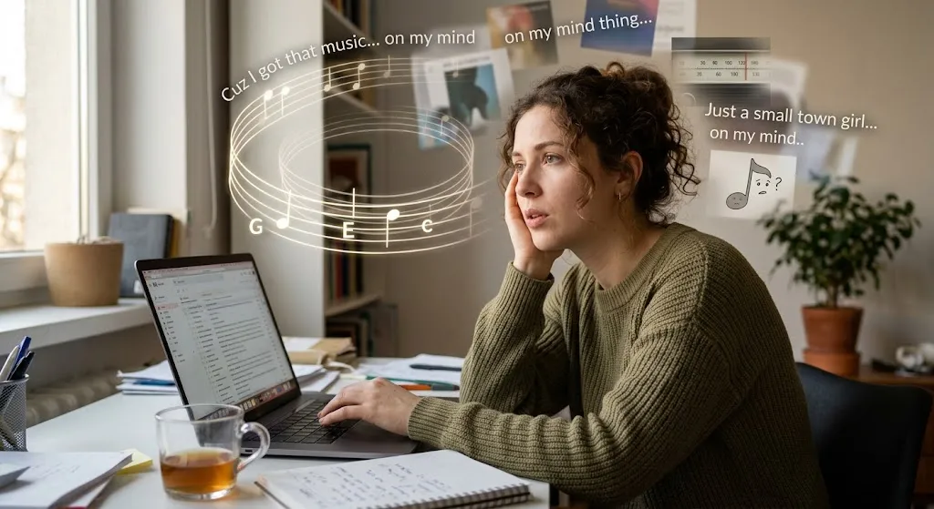 A woman sitting at her desk working on a laptop while looking distracted, with visual graphic elements around her head showing floating musical notes, staff lines, and lyrics to represent a song stuck in her head.
