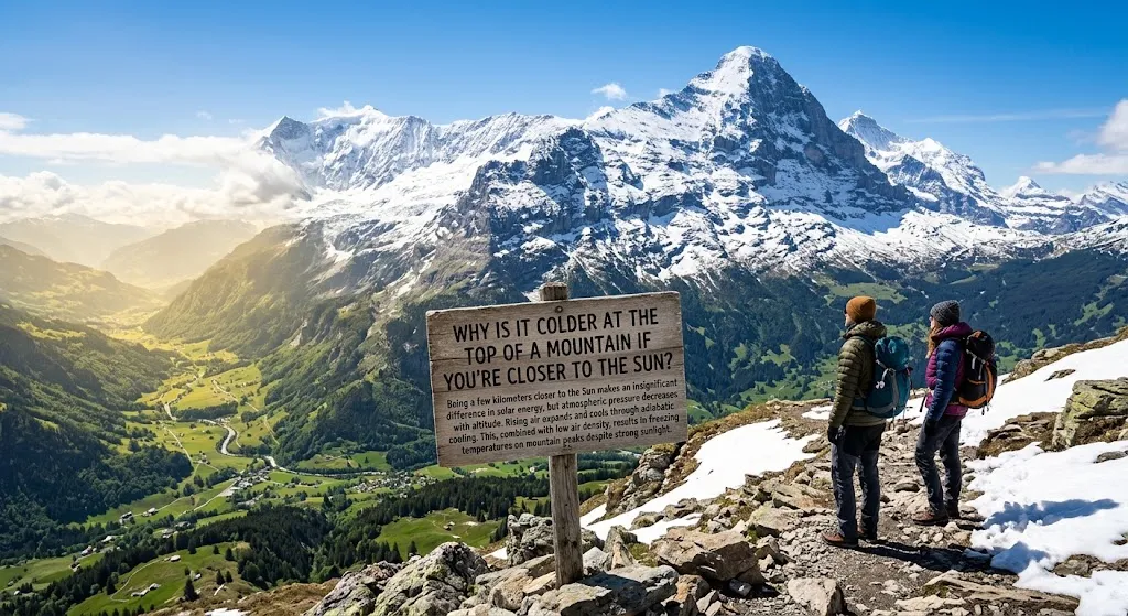 A panoramic landscape view from a snowy mountain ridge overlooking a lush green valley with traditional Swiss-style buildings. In the foreground, a large, rustic wooden sign addresses the viewer, centered in the frame. The sign displays the text, "WHY IS IT COLDER AT THE TOP OF A MOUNTAIN IF YOU’RE CLOSER TO THE SUN?" followed by a smaller paragraph that reads, "Being a few kilometers closer to the Sun makes an insignificant difference in solar energy, but atmospheric pressure decreases with altitude. Rising air expands and cools through adiabatic cooling. This, combined with low air density, results in freezing temperatures on mountain peaks despite strong sunlight." Two hikers, in winter gear, are standing slightly to the right of the sign, looking towards the large snow-covered mountains. The sky is bright blue with light clouds.